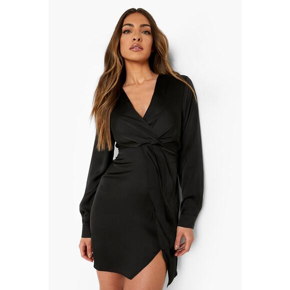 Satin Black Faux Wrap Front Plunge Mini Dress V Neck Twist Size Medium - Picture 1 of 8